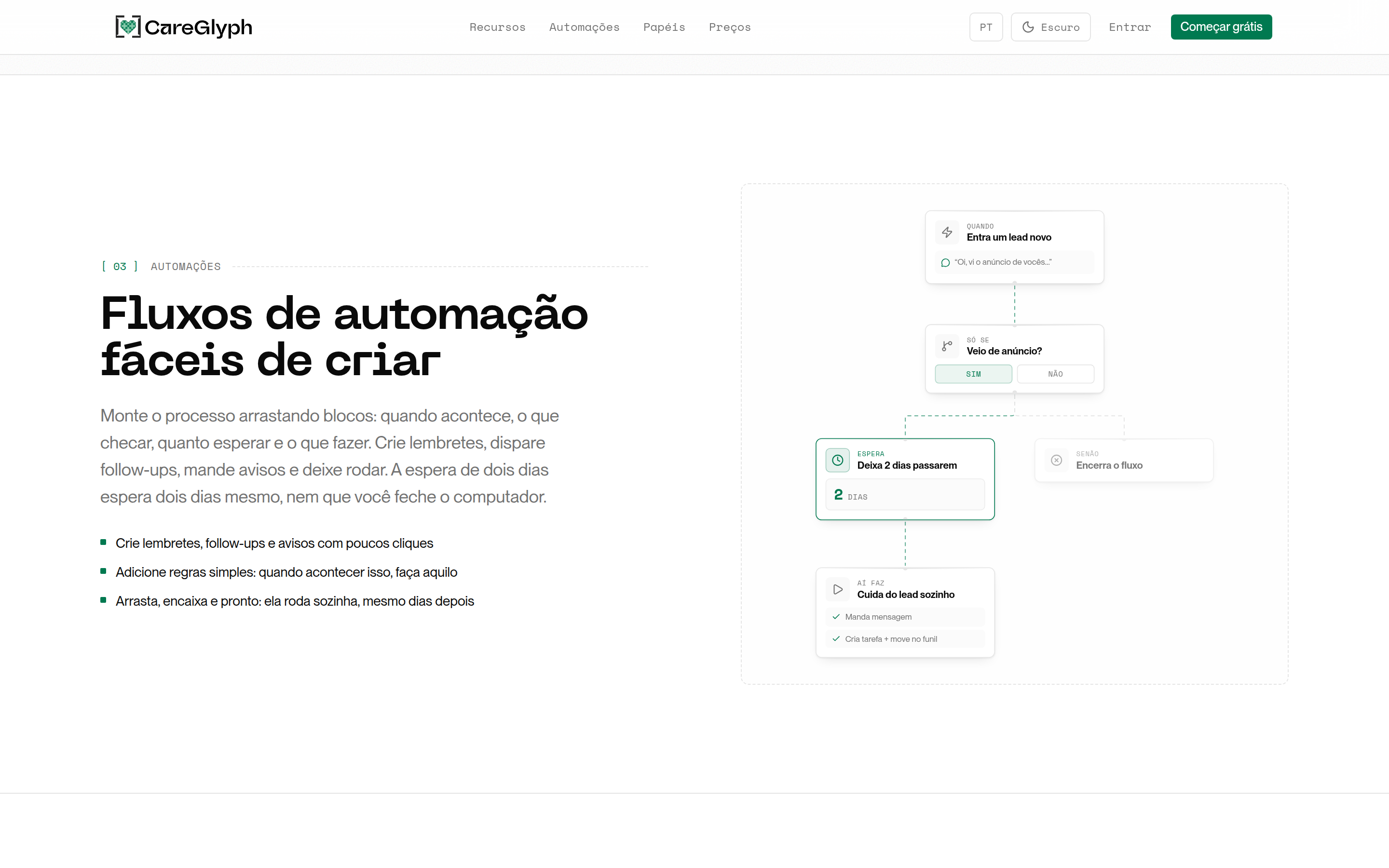 Editor visual de automação com blocos de gatilho, espera e ação