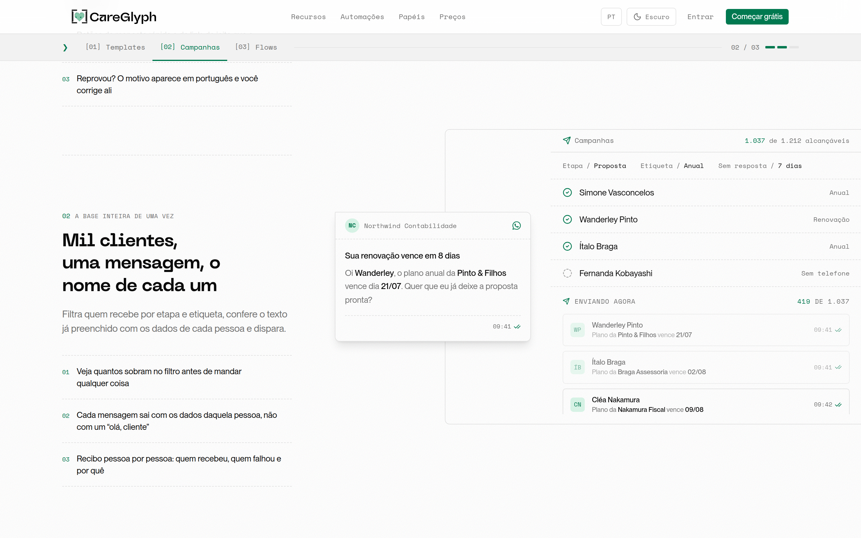 Campanha de WhatsApp com filtro por etapa e mensagem personalizada